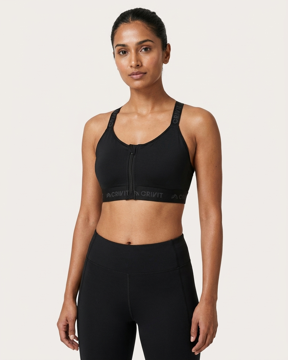 Womens High-Support Front Zip Sports Adjustable Straps Bra