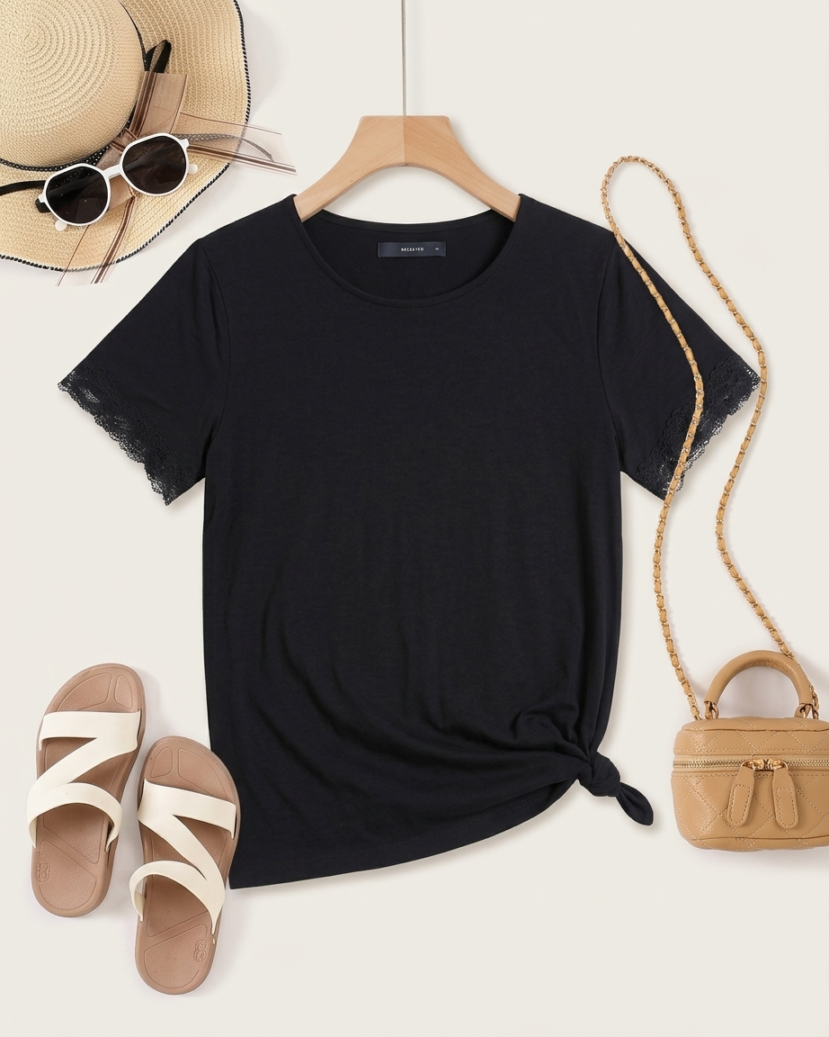Women’s Lace Trim Short Sleeve Viscose T-Shirt