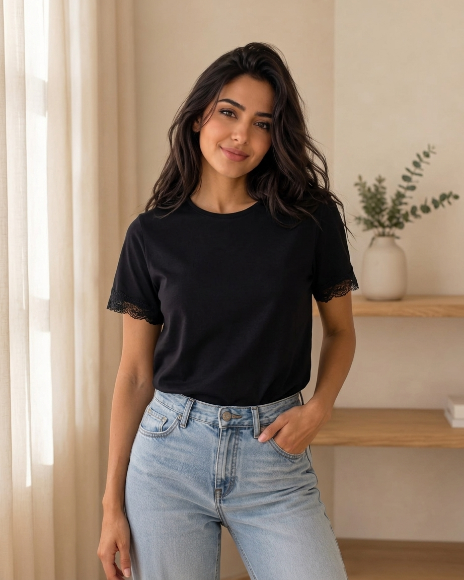 Women’s Lace Trim Short Sleeve Viscose T-Shirt