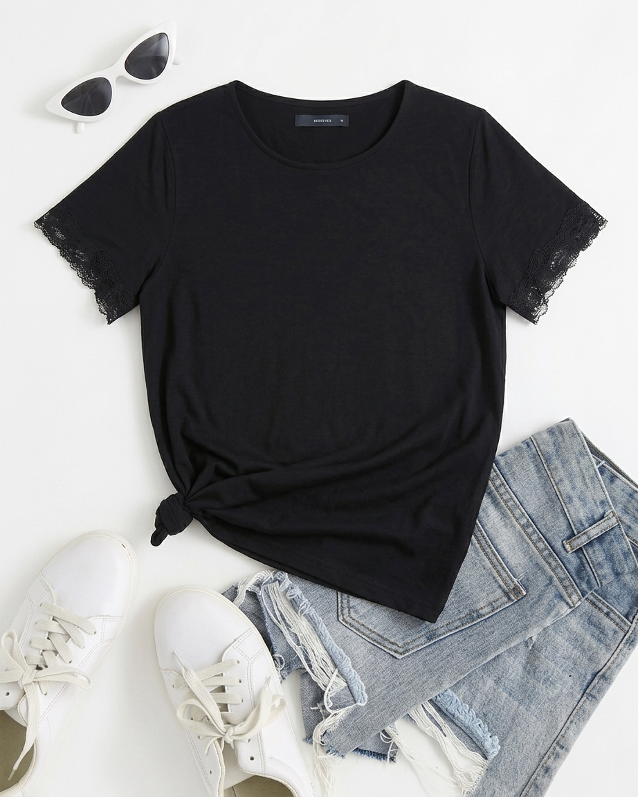 Women’s Lace Trim Short Sleeve Viscose T-Shirt