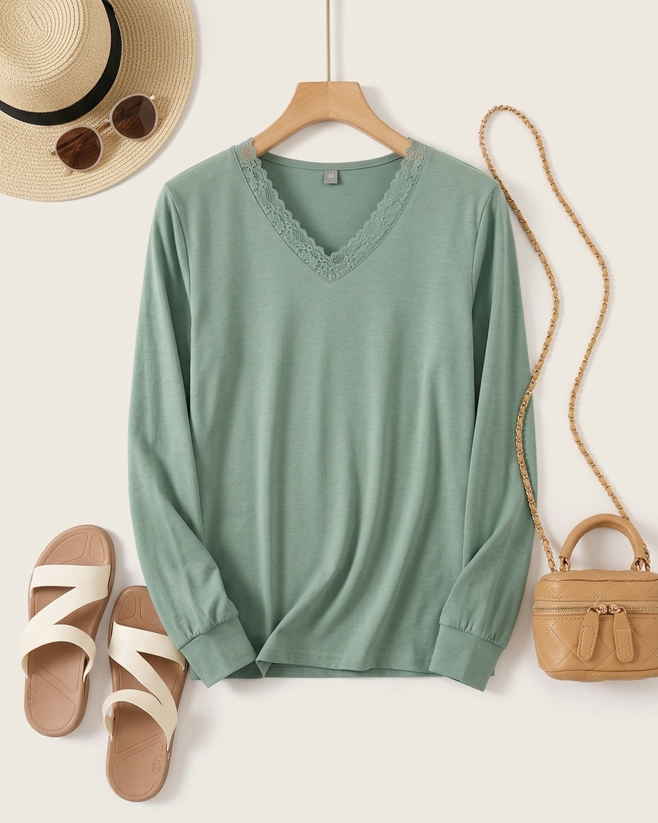 Women's Long Sleeves Cotton Lace-Trim V-Neck T-Shirt
