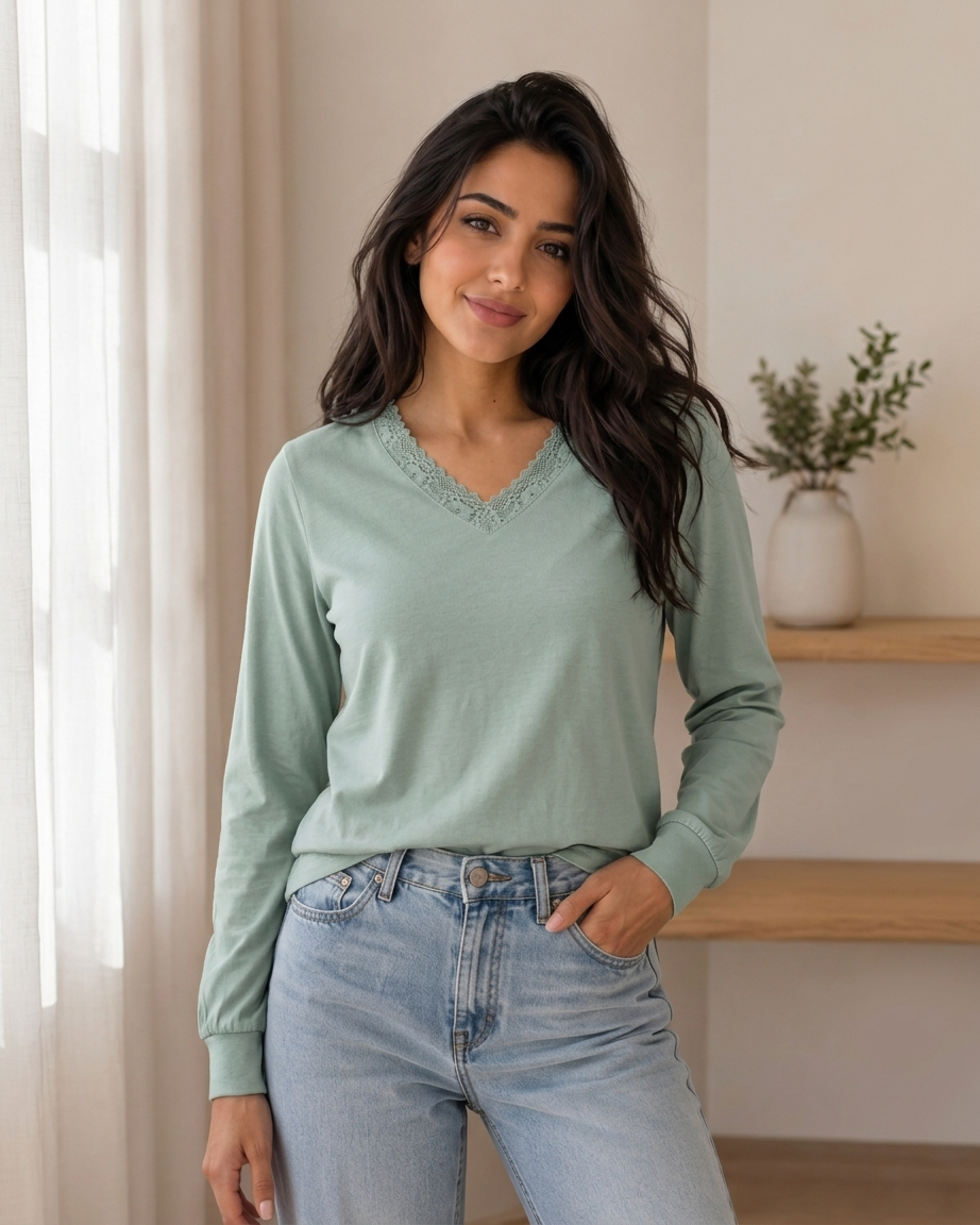 Women's Long Sleeves Cotton Lace-Trim V-Neck T-Shirt