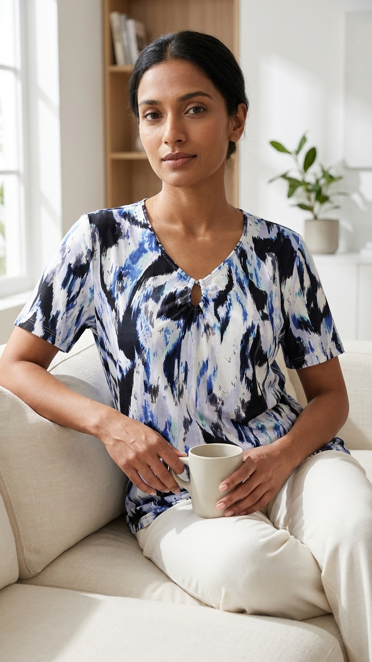 Womens Printed V-Neck Soft Stretch Casual Short Sleeve T-Shirt