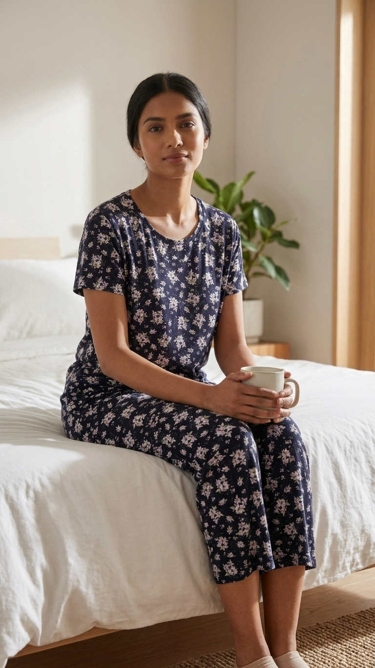 Womens Floral Print Short Sleeve Top 3/4 Pajama Set