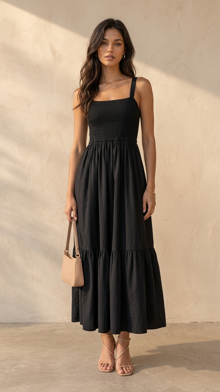 Women’s Cotton Smocked Tiered Maxi Dress with Straps