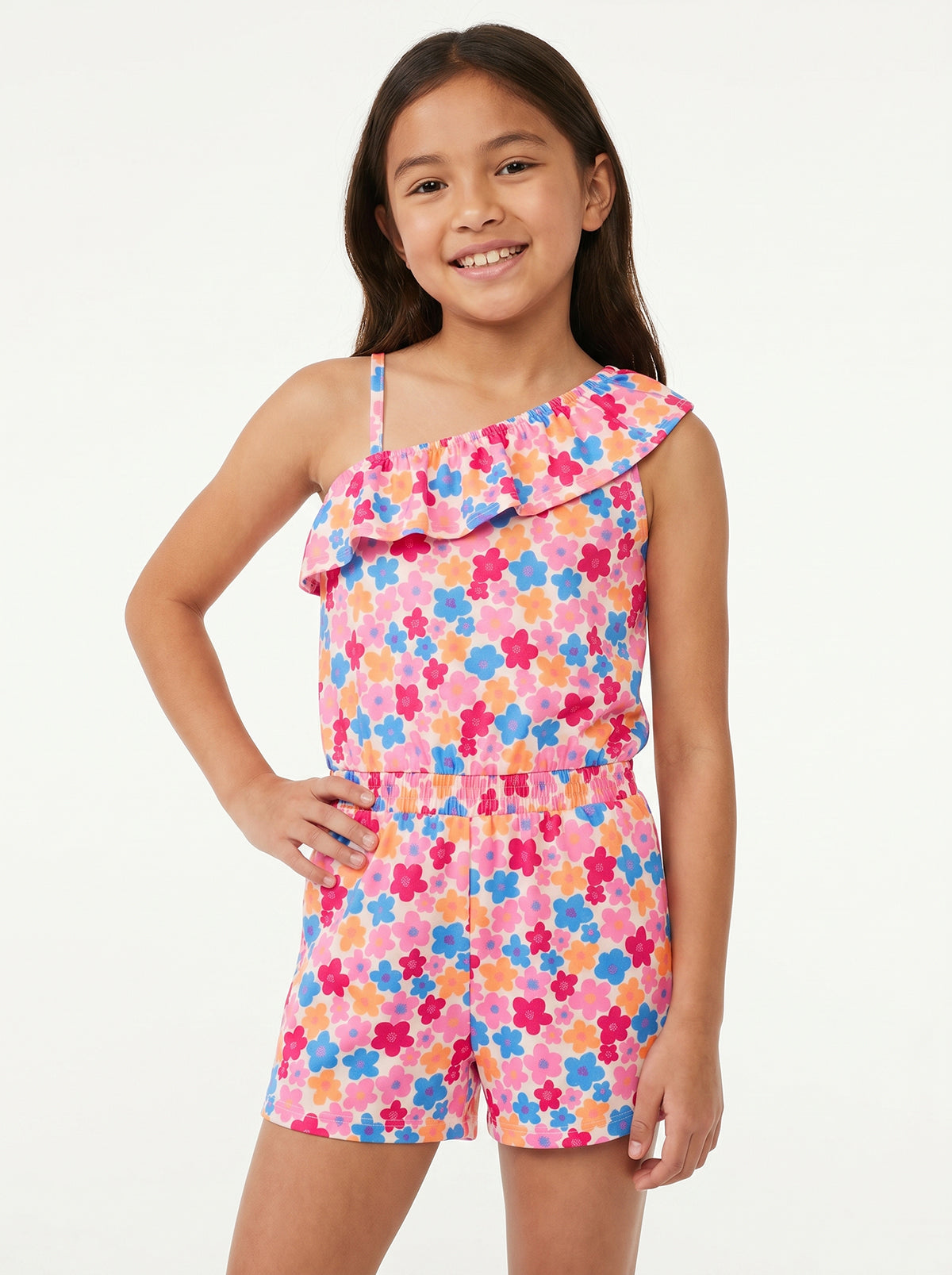 Girls Floral Printed One Shoulder Cotton Playsuit Summer Romper