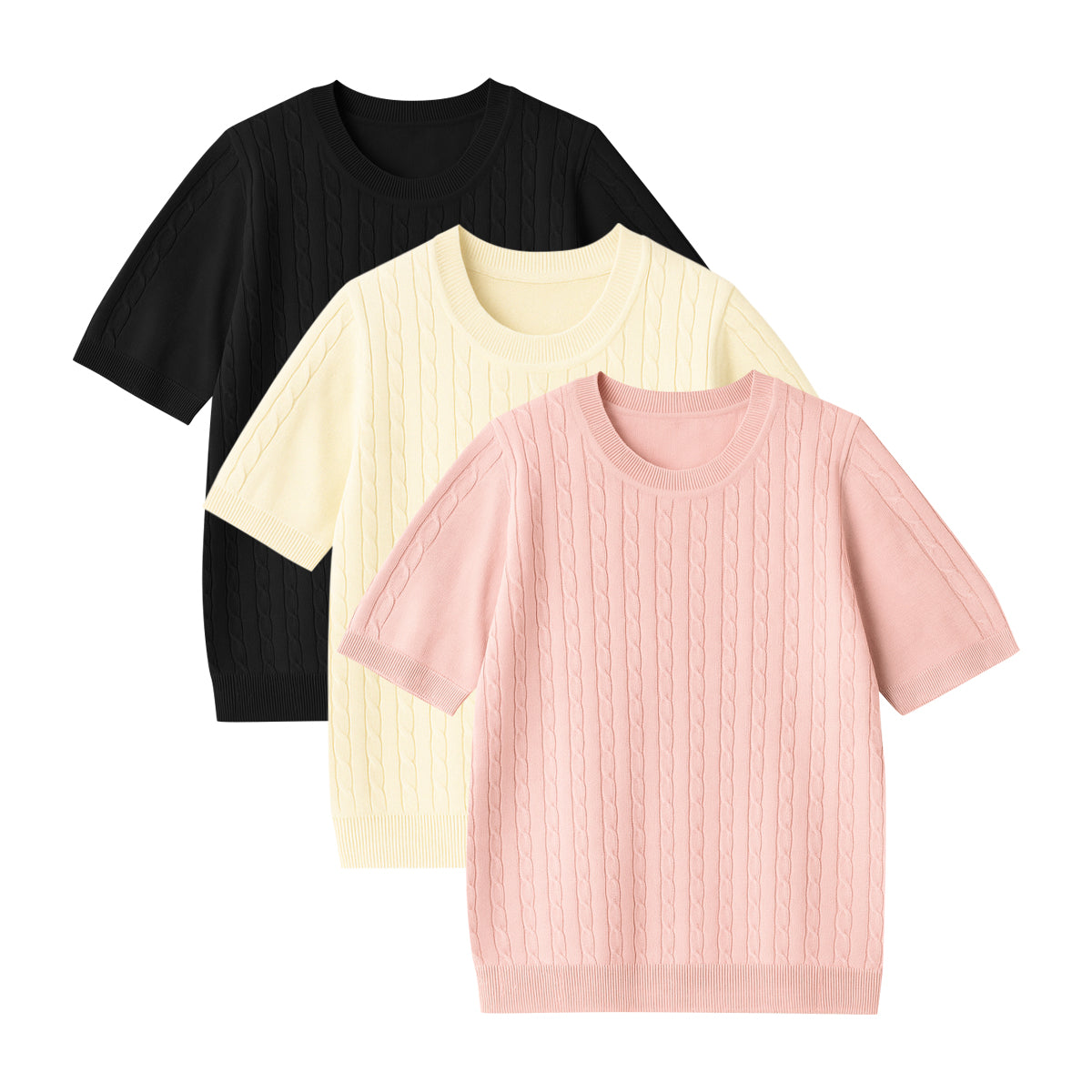 Womens Round Neck Premium Cable Knit Short Sleeve Sweater