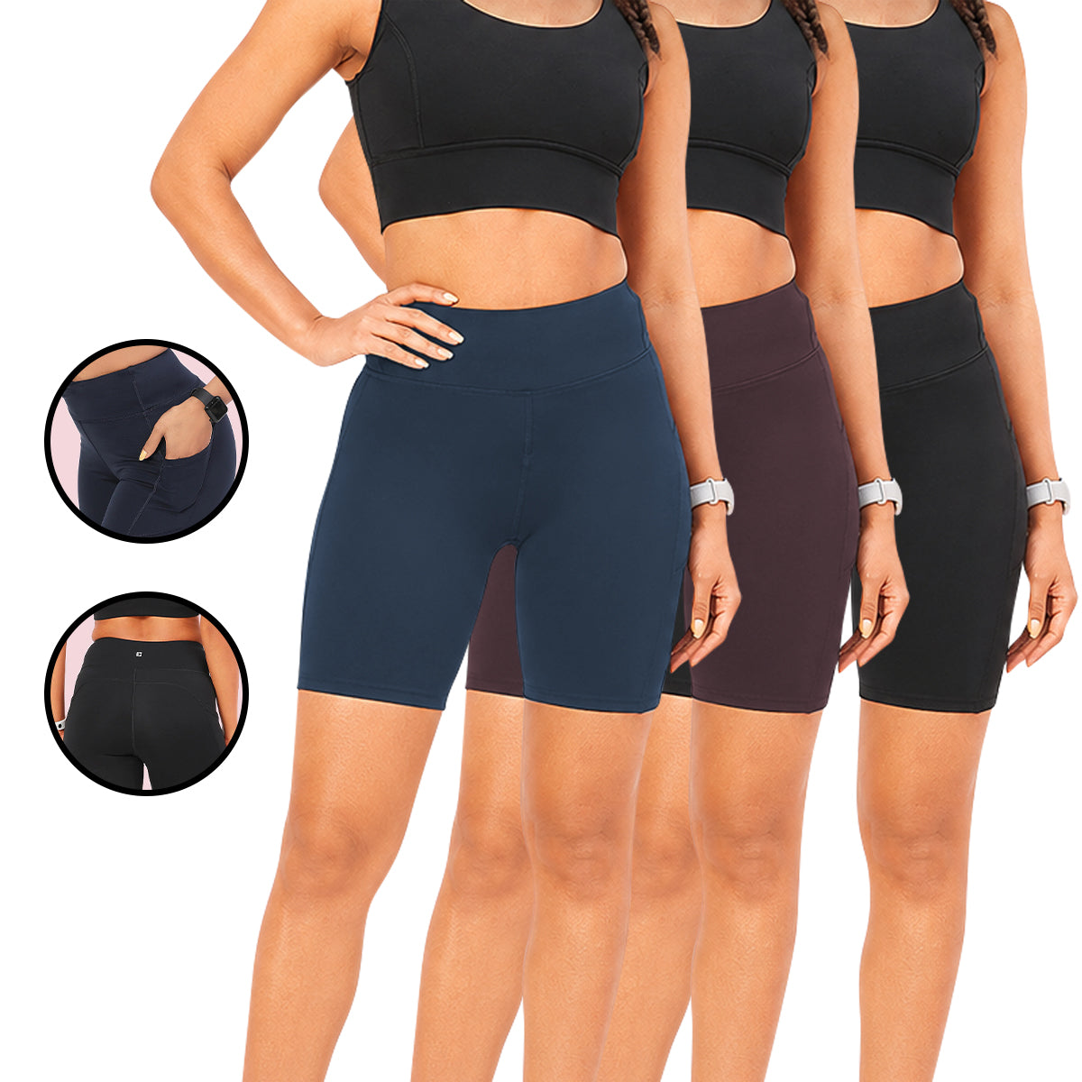 Womens High-Waist Knee-Length Cycling Shorts with Side Pockets