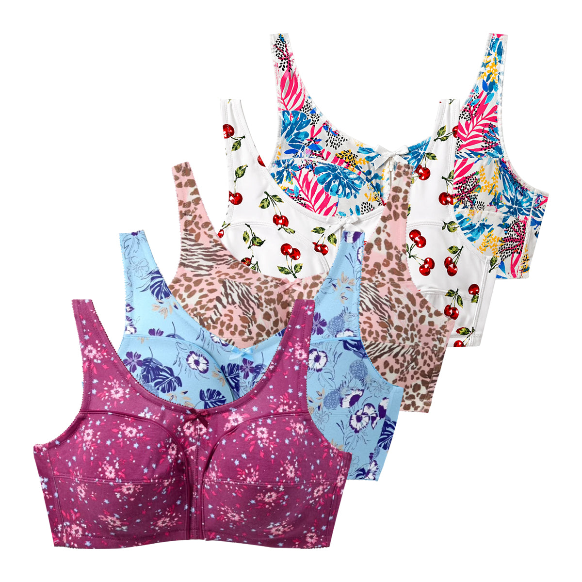 Womens Plus Size Printed Wireless Back Close Adjustable Straps Bra