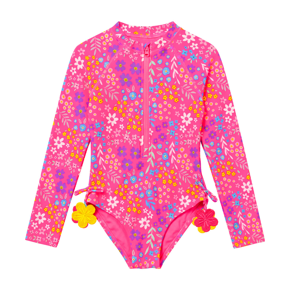 Girls Floral Print Long Sleeve Swim Onesie Bodysuit
