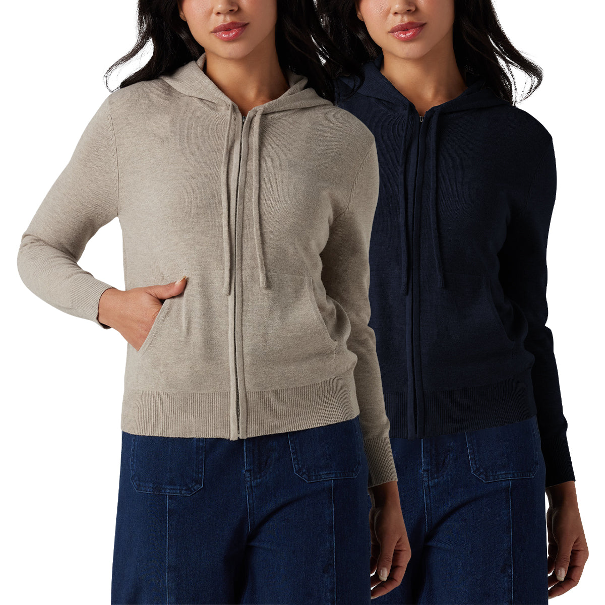 Womens Soft Knit Zip-Up Full Sleeve Sweater Hoodie with Pockets