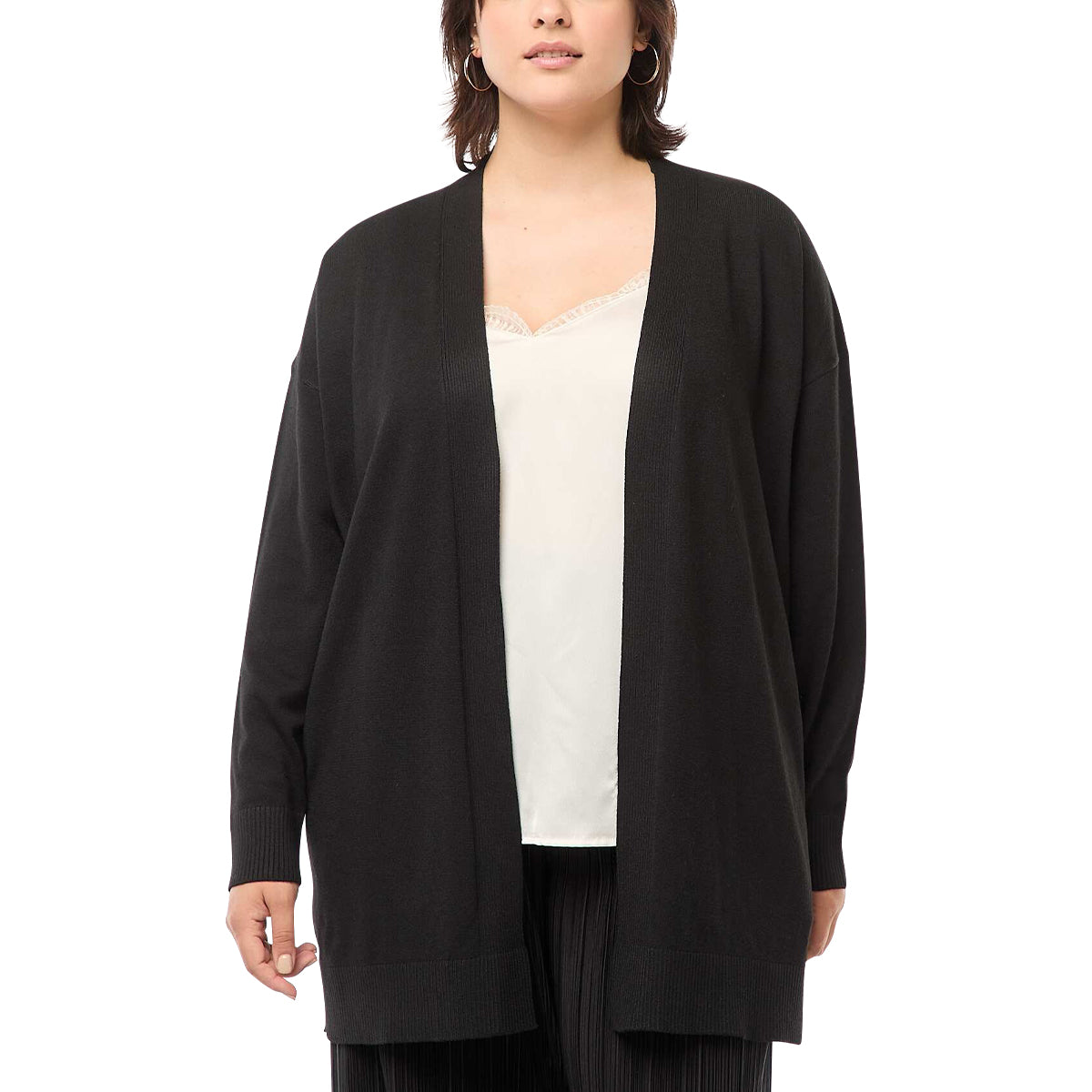 Womens Long Open Front Knit Ribbed Trim Cardigan