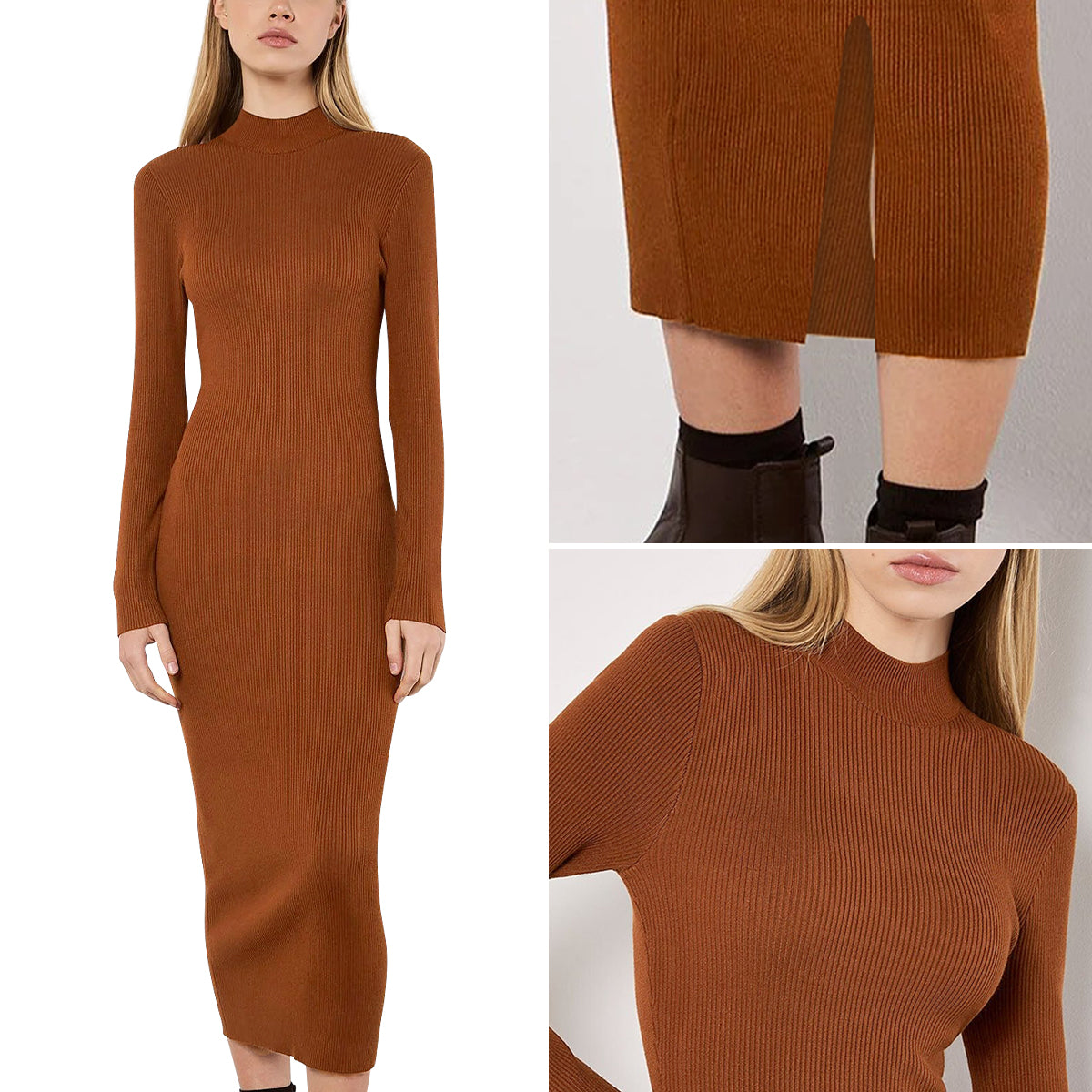 Womens Ribbed Knit Bodycon Long Sleeve Midi Dress with Mock Neck