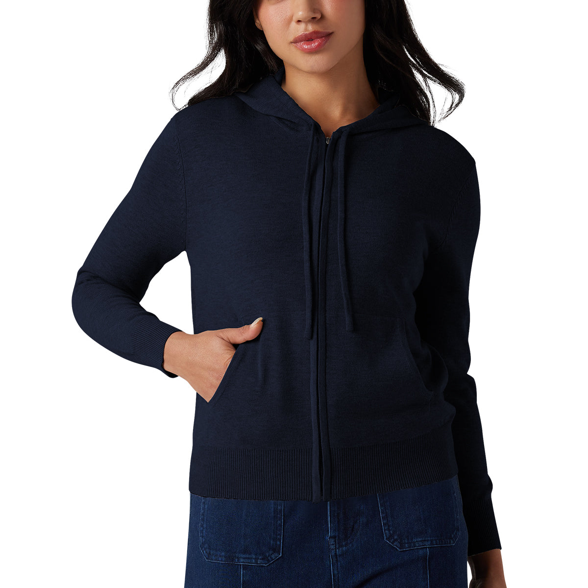 Womens Soft Knit Zip-Up Full Sleeve Sweater Hoodie with Pockets