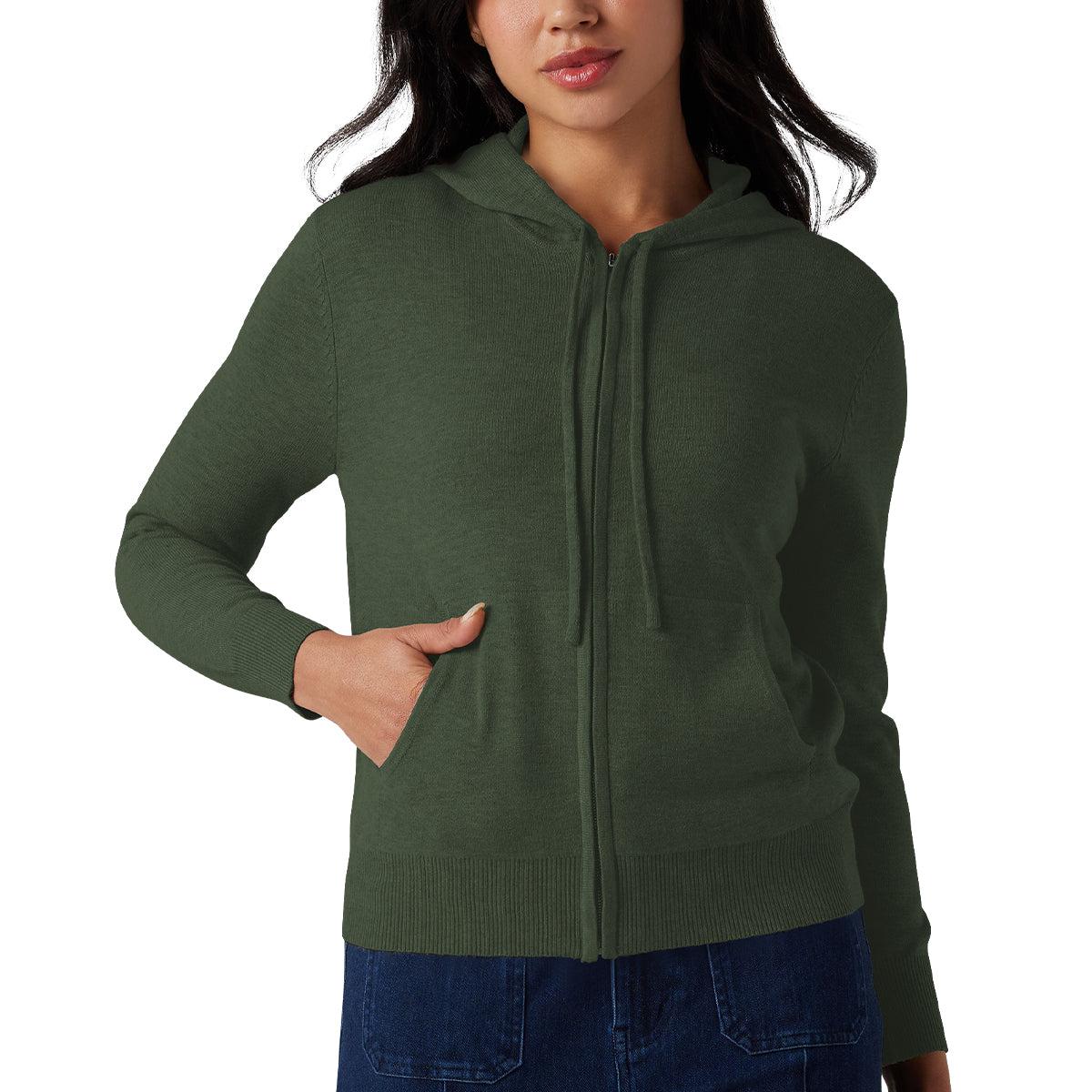 Womens Soft Knit Zip-Up Full Sleeve Sweater Hoodie with Pockets