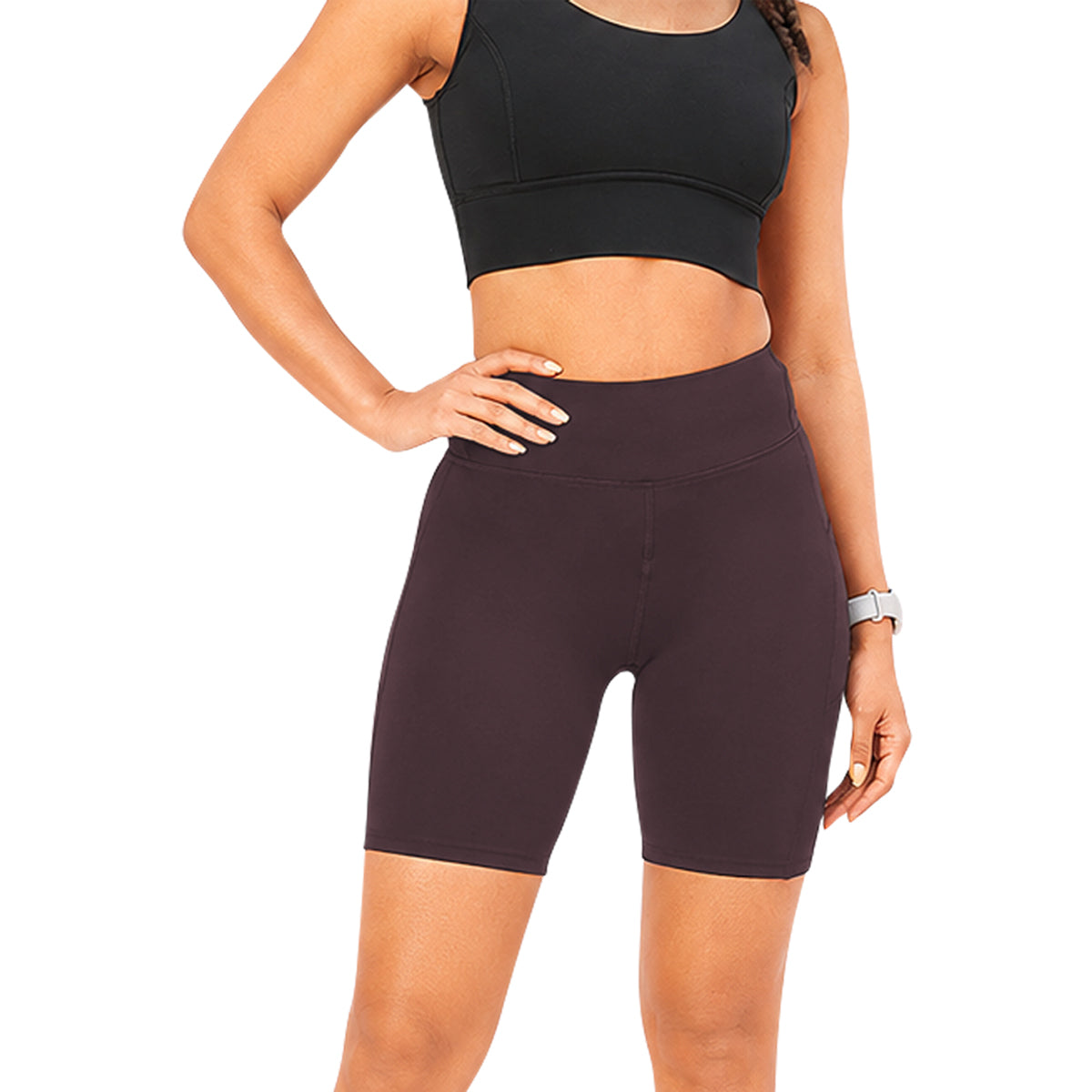 Womens High-Waist Knee-Length Cycling Shorts with Side Pockets
