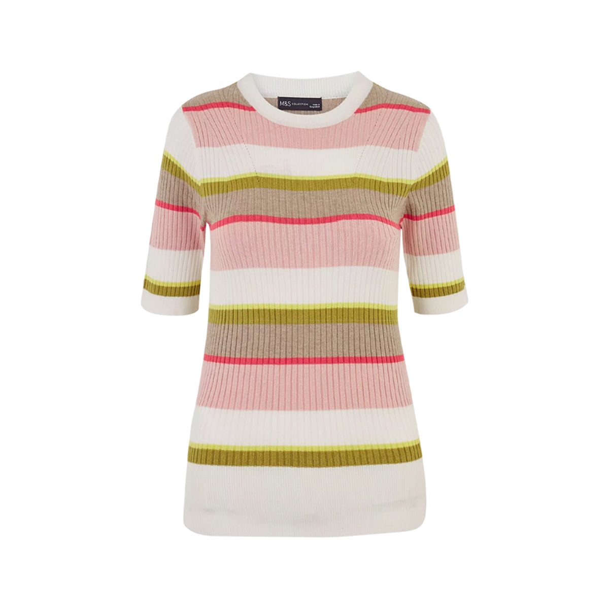Ladies Short Sleeve Ribbed Crew Neck Knitted Stripe Sweater