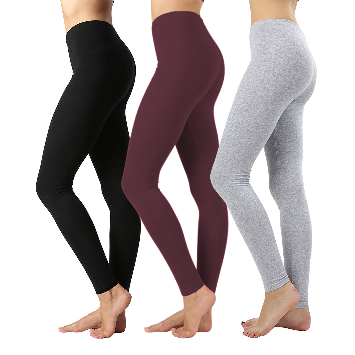 Pack of 3 Women Basic Solid Color Cotton Full Length Leggings
