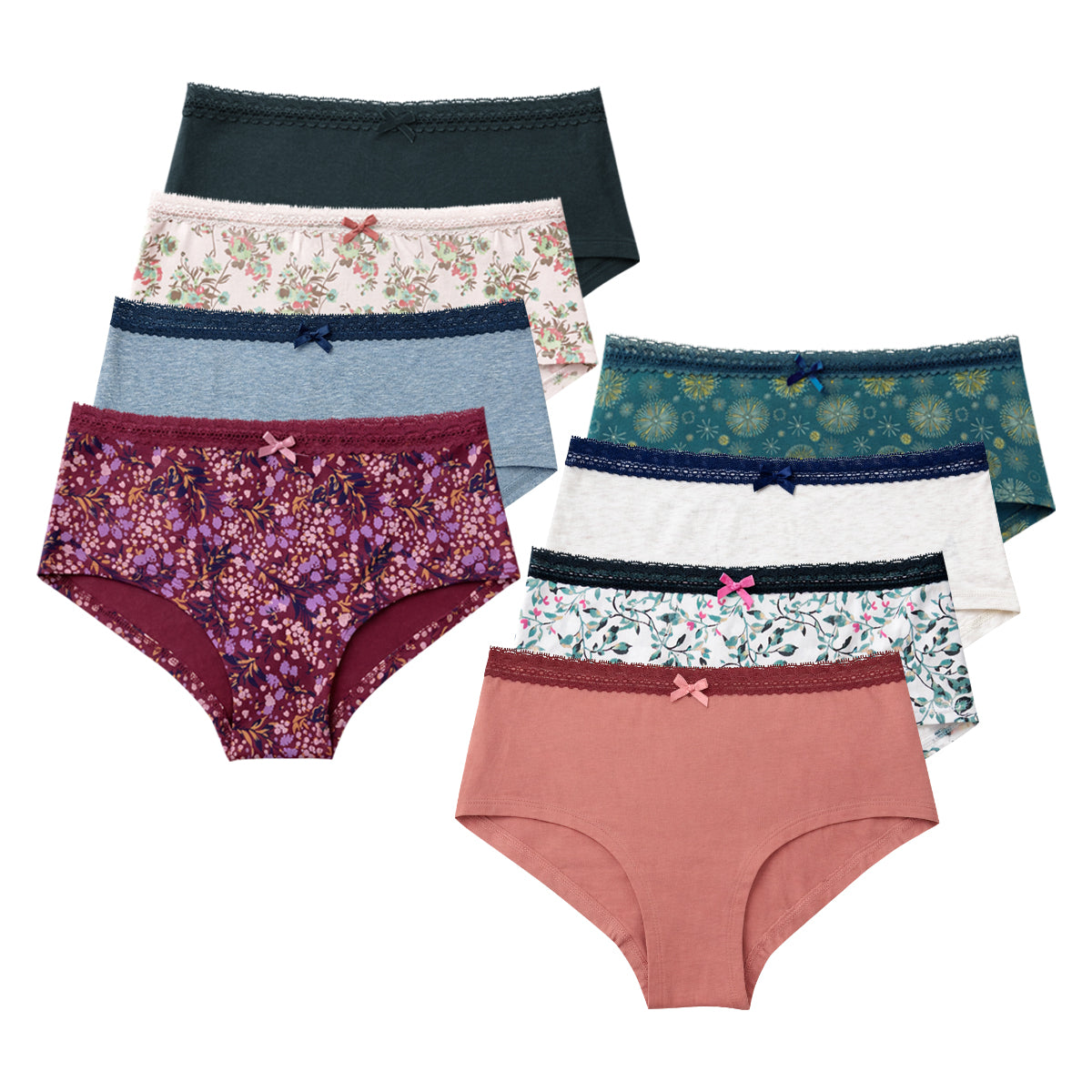 Pack of 5 Womens Cotton Hipster Printed & Solid Lace Panty