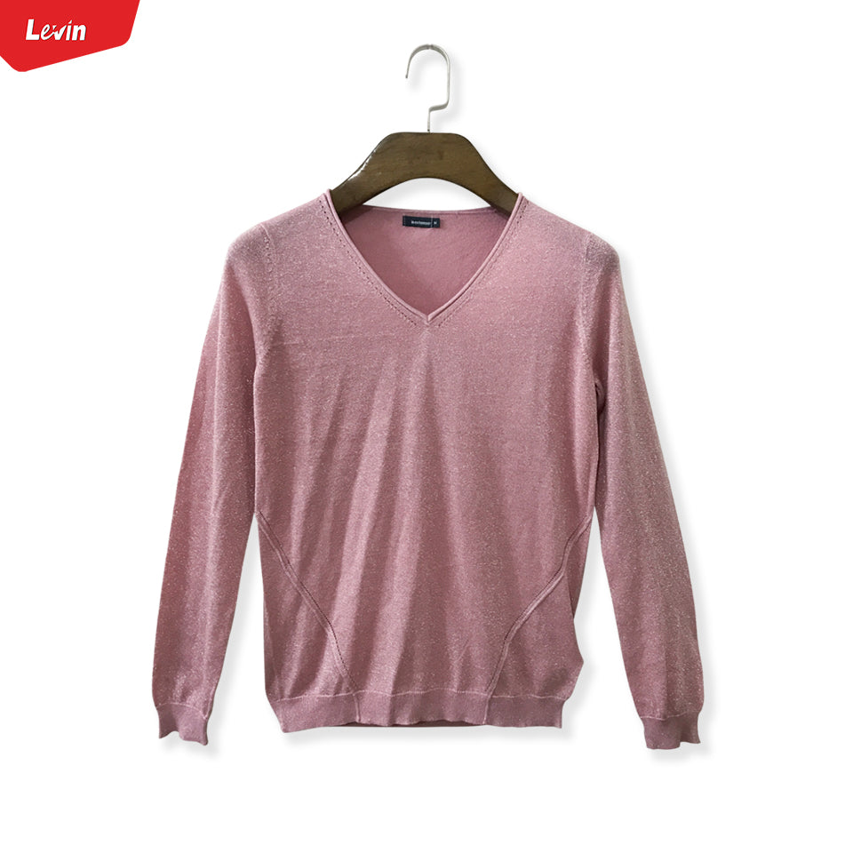 Womens V Neck Long Sleeve Metallic Shimmer Knitted Jumper Tops