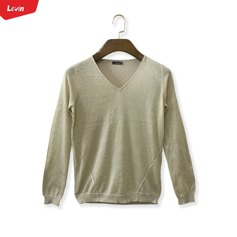 Womens V Neck Long Sleeve Metallic Shimmer Knitted Jumper Tops