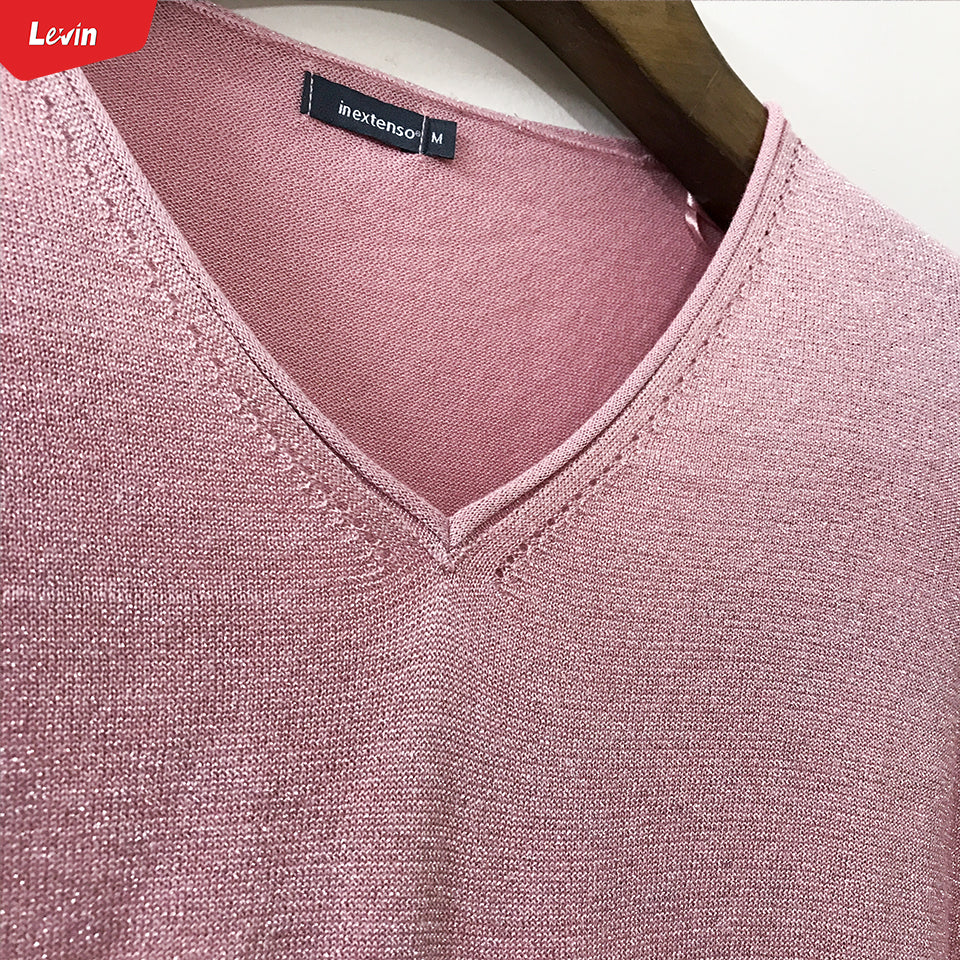 Womens V Neck Long Sleeve Metallic Shimmer Knitted Jumper Tops