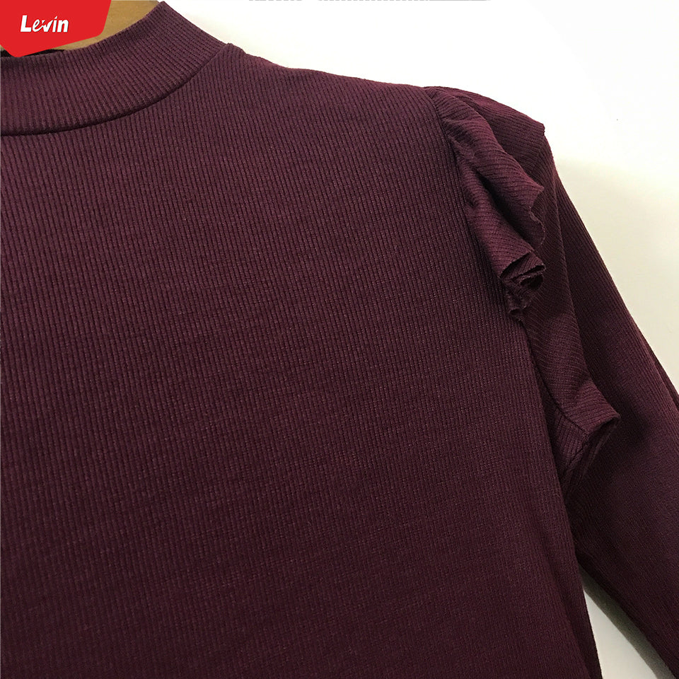 Girls Ribbed Ruffle Trim Shoulder Mock Neck Tops
