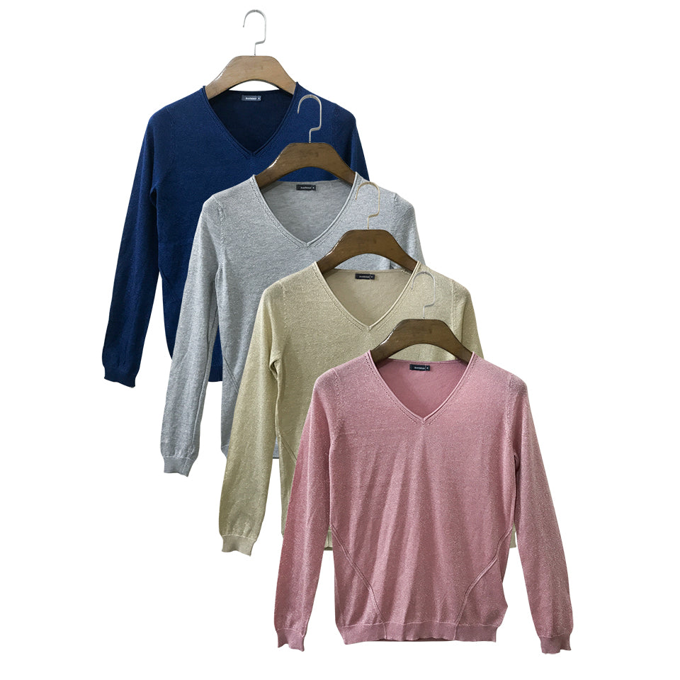 Womens V Neck Long Sleeve Metallic Shimmer Knitted Jumper Tops