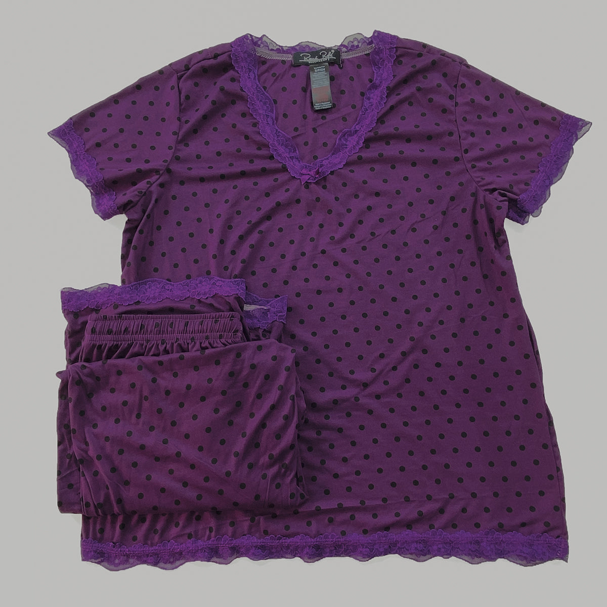 Womens Polka Dot Soft Stretch Lace Trim Sleepwear 3/4 Pajama Set