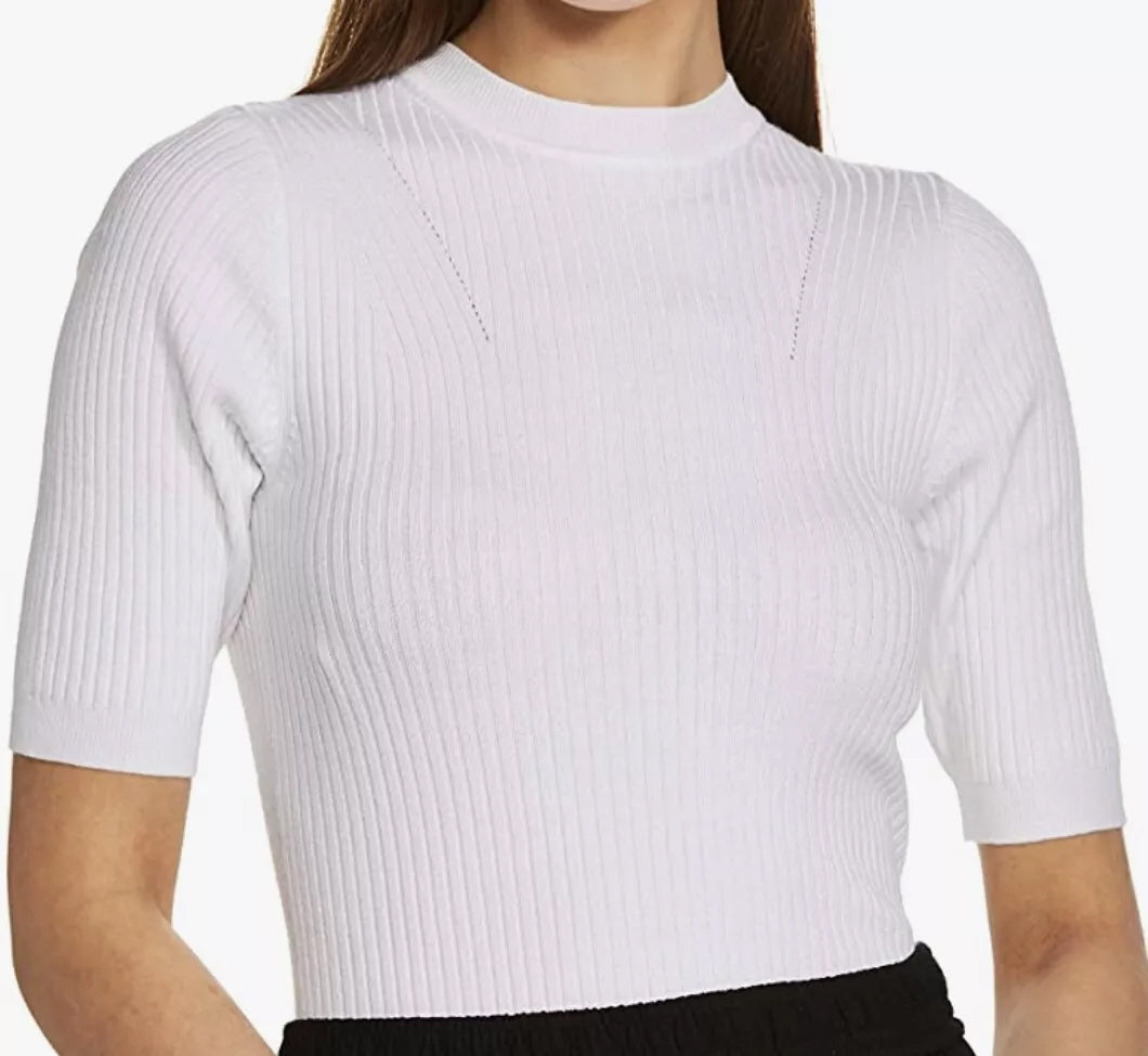 Ladies Short Sleeve Ribbed Crew Neck Knitted Sweater