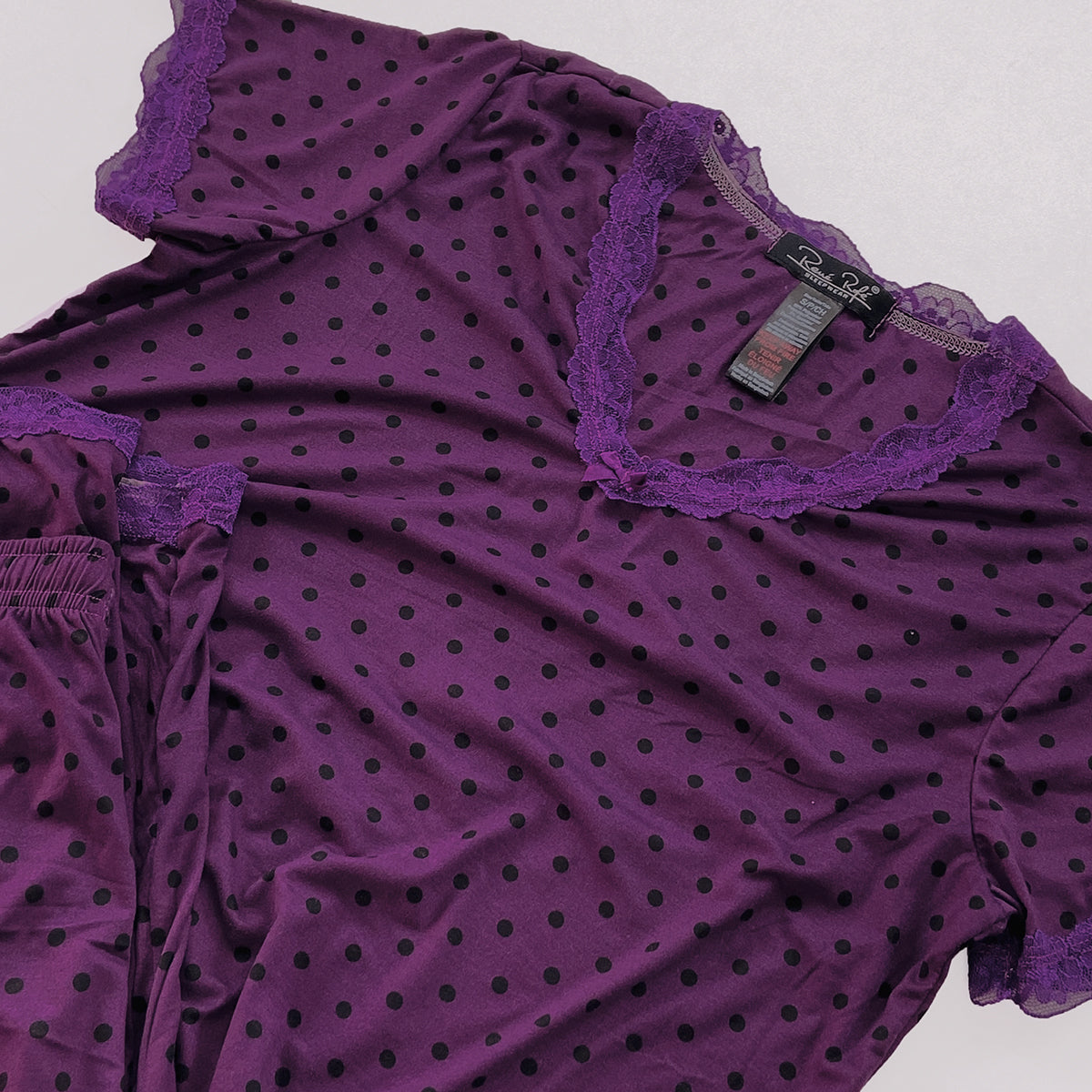 Womens Polka Dot Soft Stretch Lace Trim Sleepwear 3/4 Pajama Set