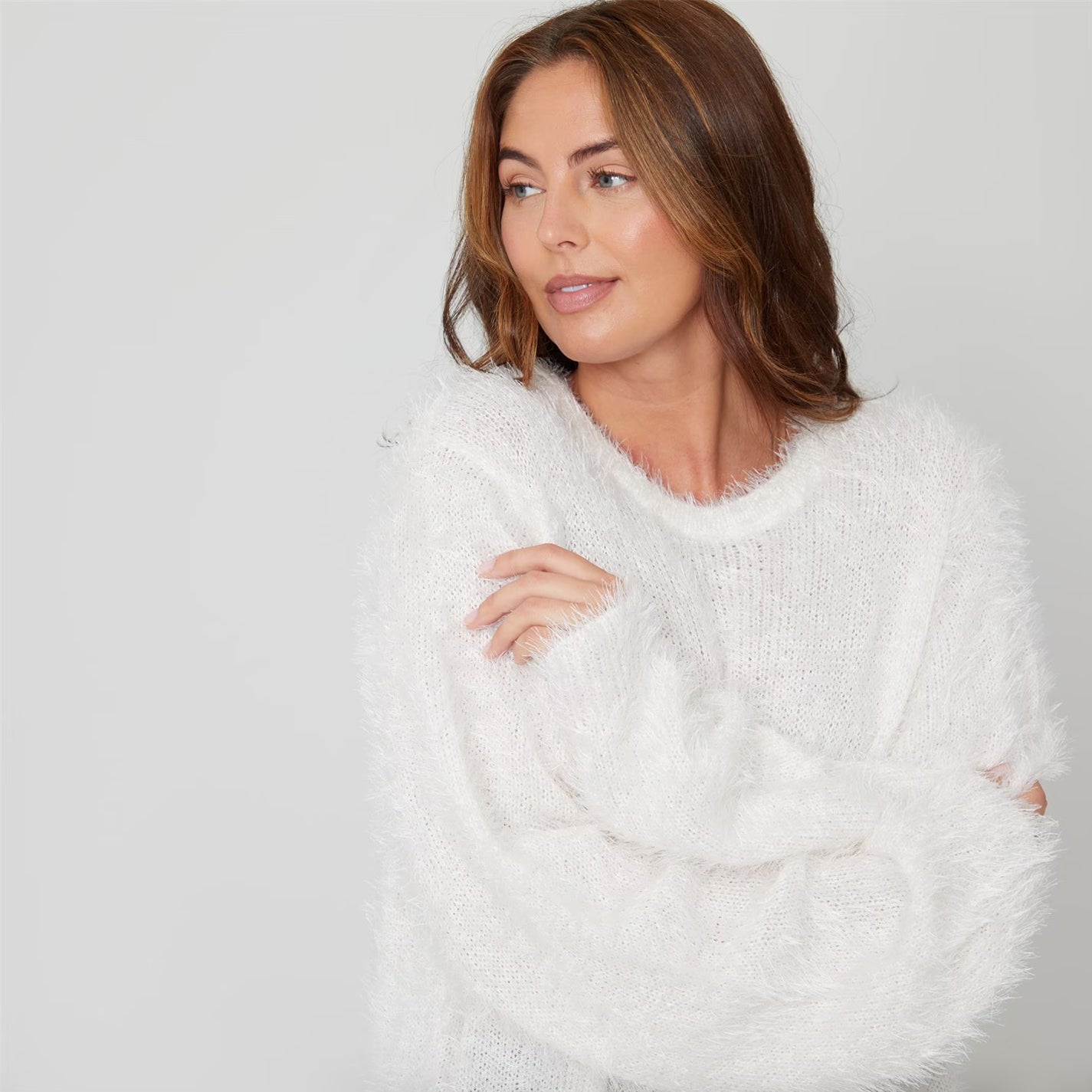 Womens Long Sleeve Round Neck Fluffy Jumper