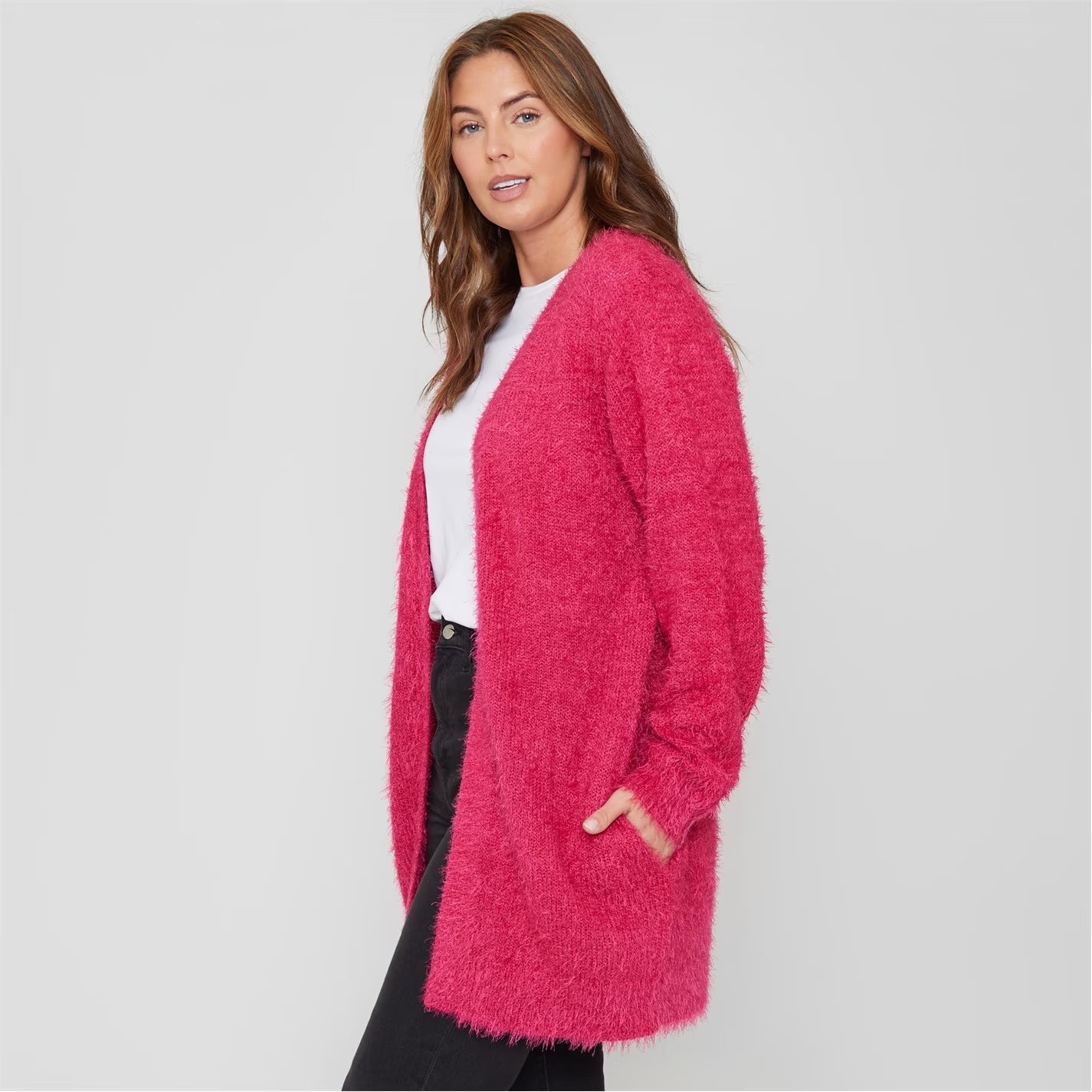 Womens Long Sleeve Round Neck Fluffy Cardigan