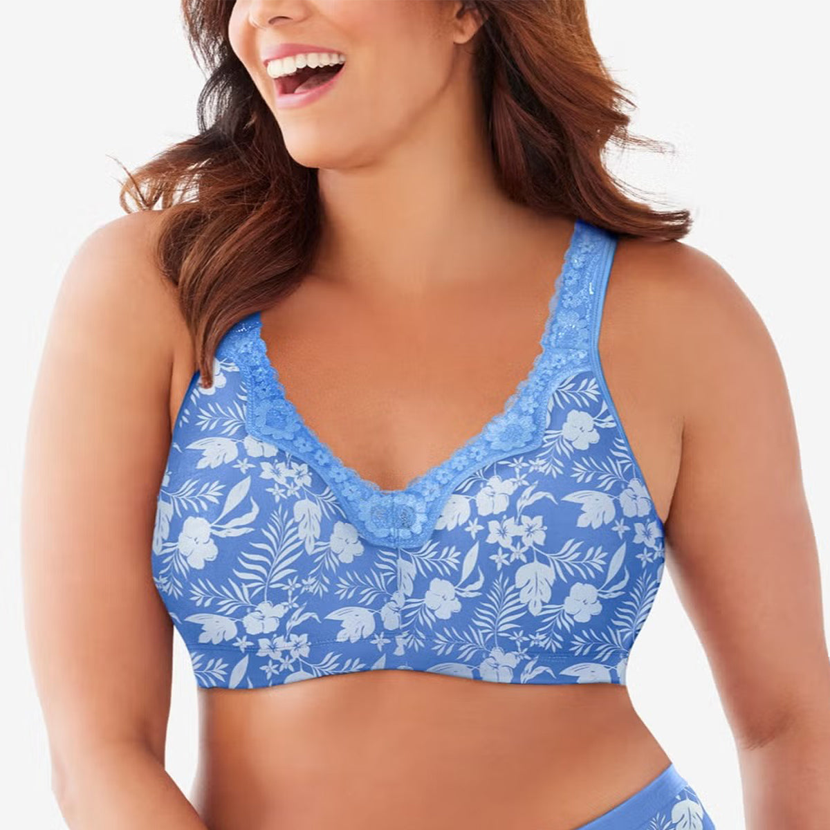 Womens Plus Size Printed & Solid Wireless Cotton Back Close Adjustable Straps Lace Bra