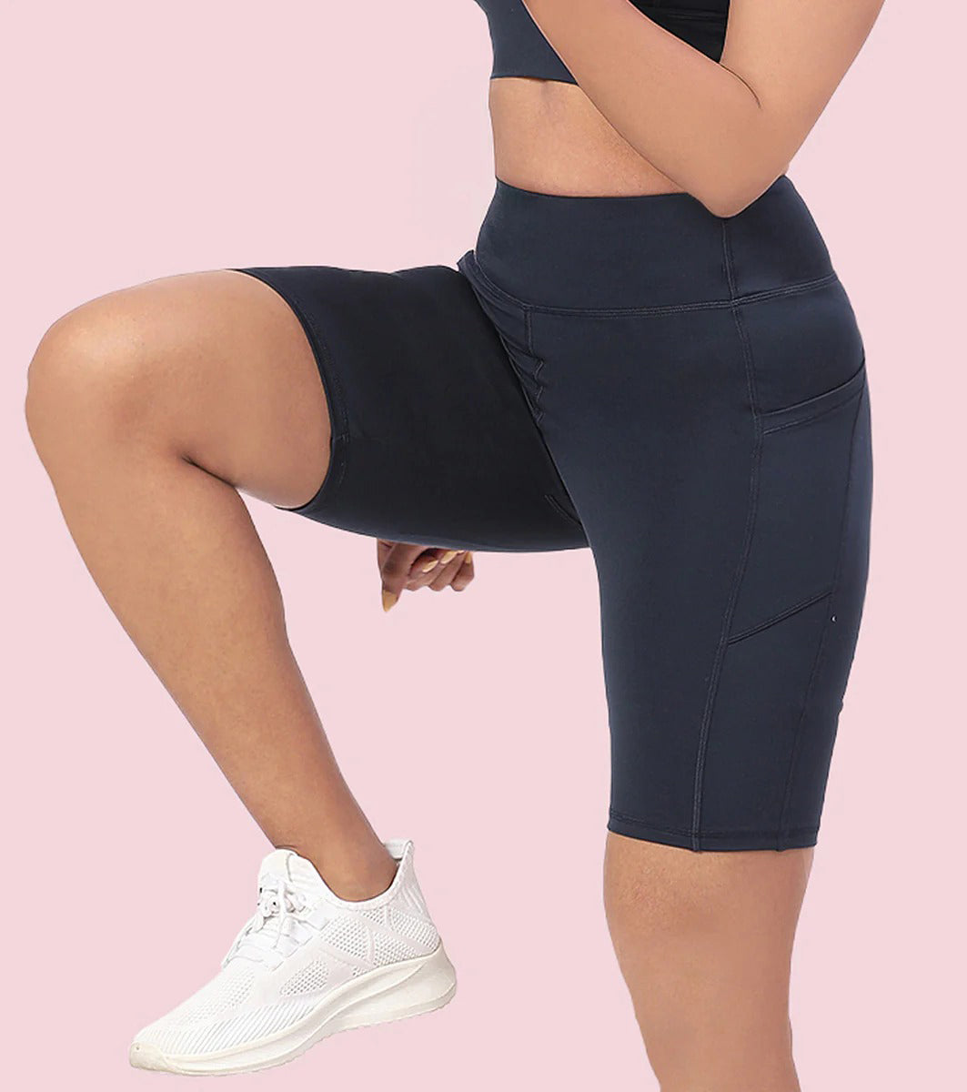 Womens High-Waist Knee-Length Cycling Shorts with Side Pockets