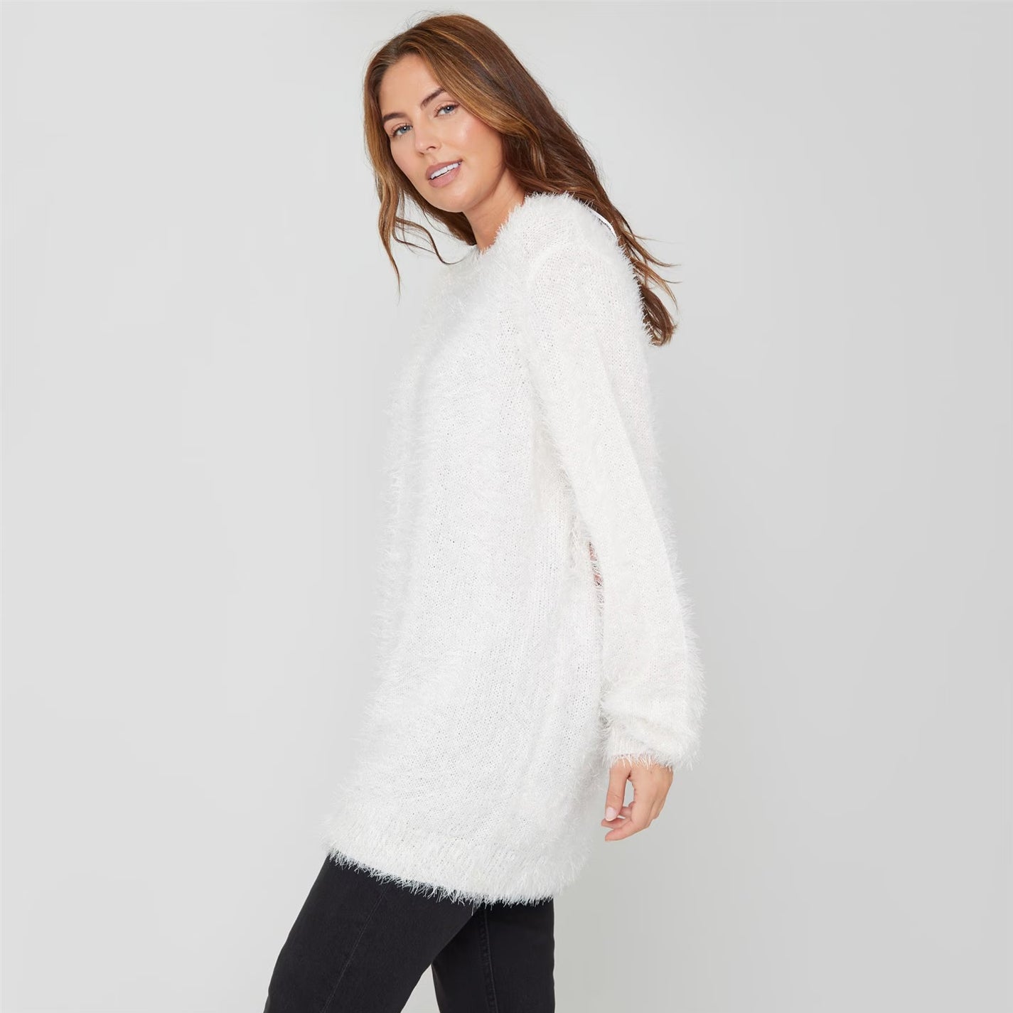 Womens Long Sleeve Round Neck Fluffy Jumper