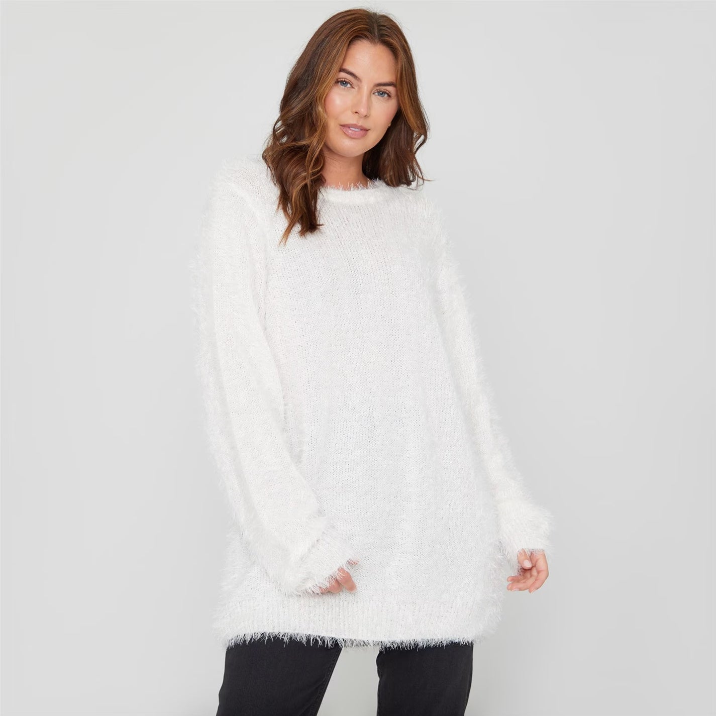 Womens Long Sleeve Round Neck Fluffy Jumper