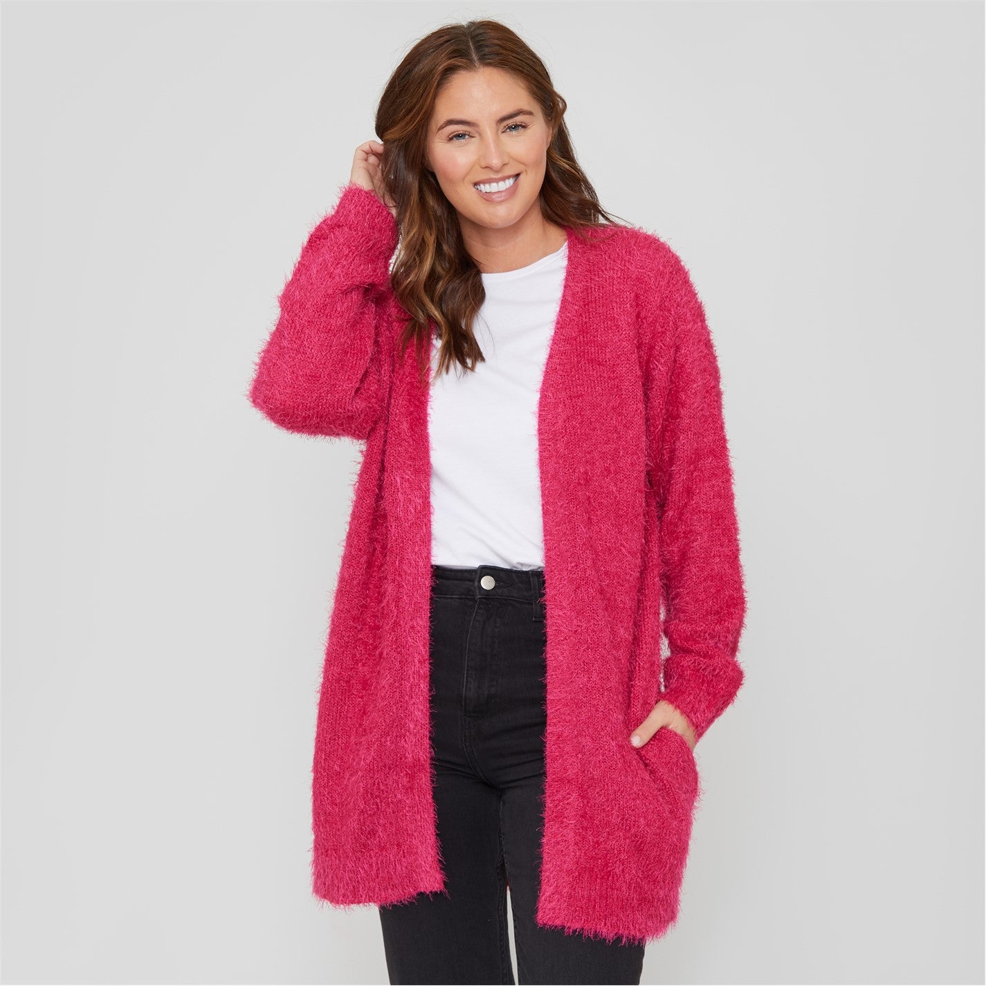 Womens Long Sleeve Round Neck Fluffy Cardigan