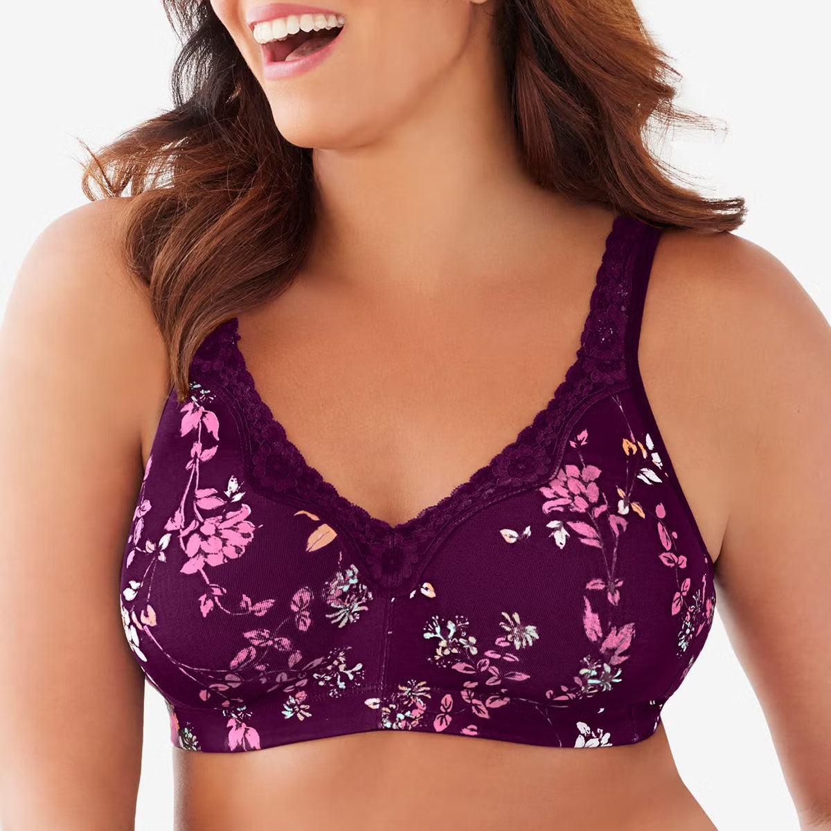Womens Plus Size Printed & Solid Wireless Cotton Back Close Adjustable Straps Lace Bra