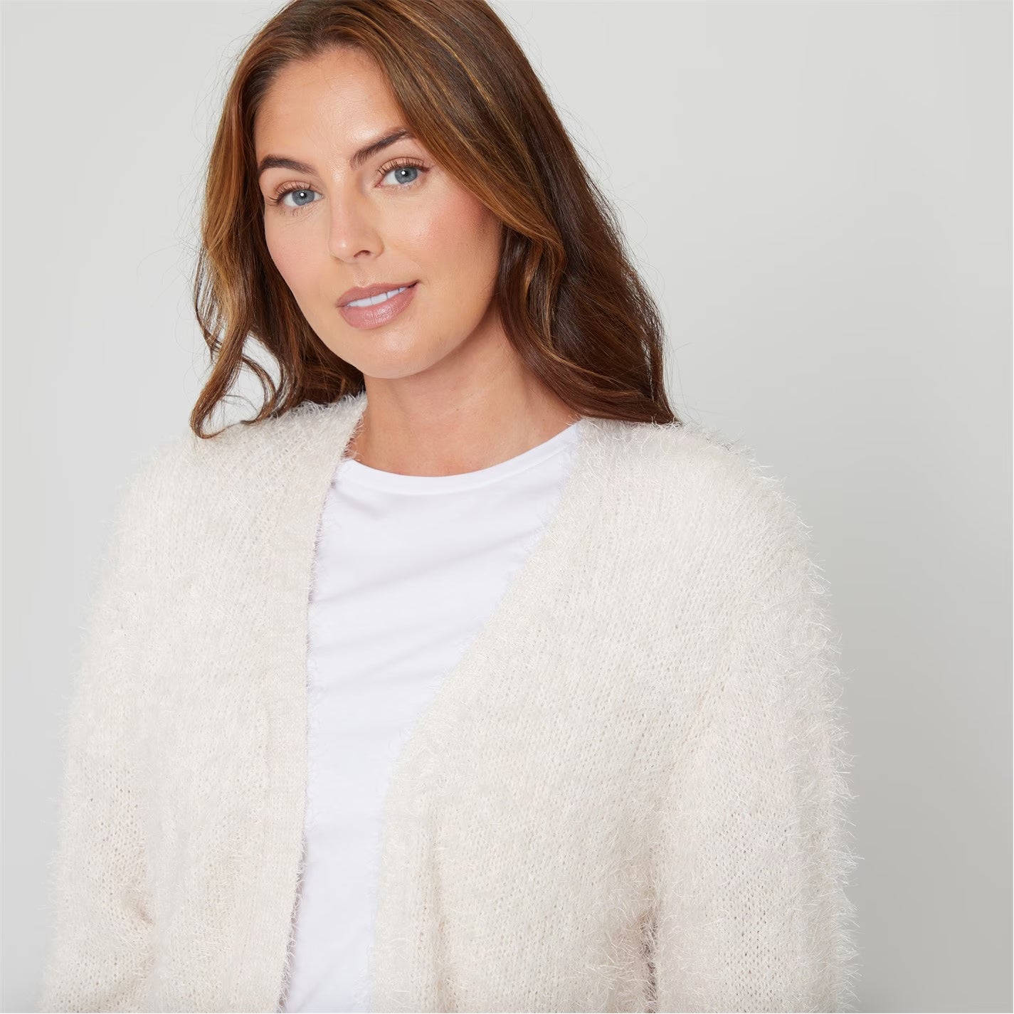 Womens Long Sleeve Round Neck Fluffy Cardigan