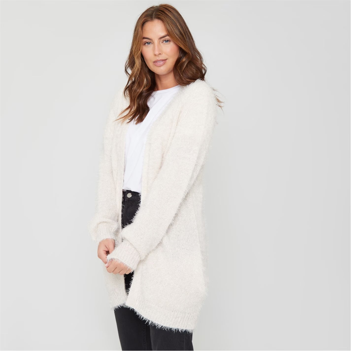 Womens Long Sleeve Round Neck Fluffy Cardigan