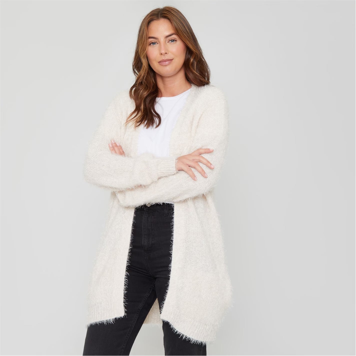 Womens Long Sleeve Round Neck Fluffy Cardigan