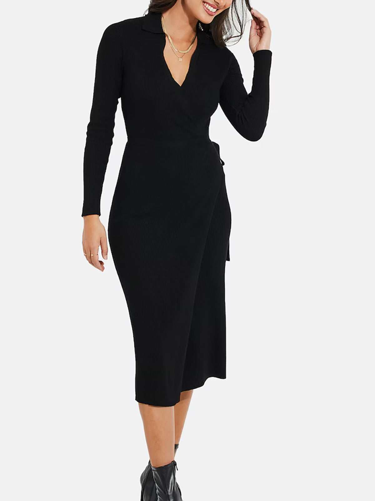 Womens Long Sleeve Ribbed Knit Wrap Collared Midi Belted Bodycon
