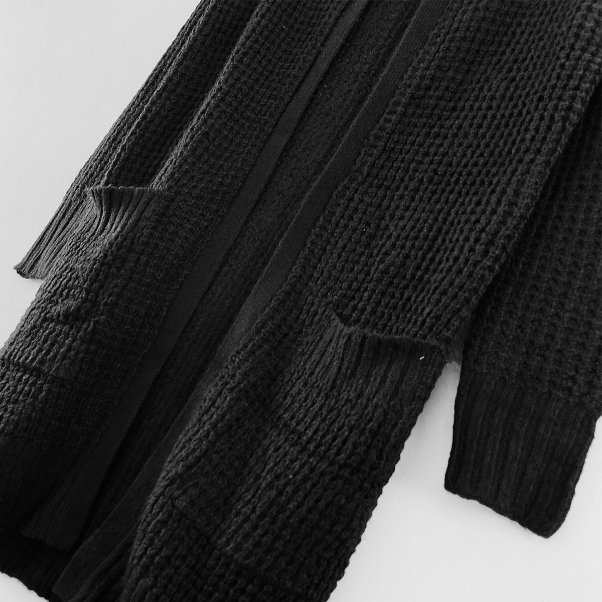 Womens Waffle Knitted Hooded Open-Front Cardigan with Pockets