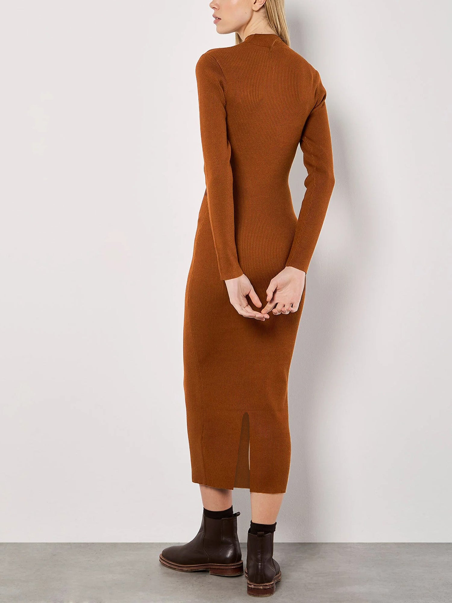 Womens Ribbed Knit Bodycon Long Sleeve Midi Dress with Mock Neck