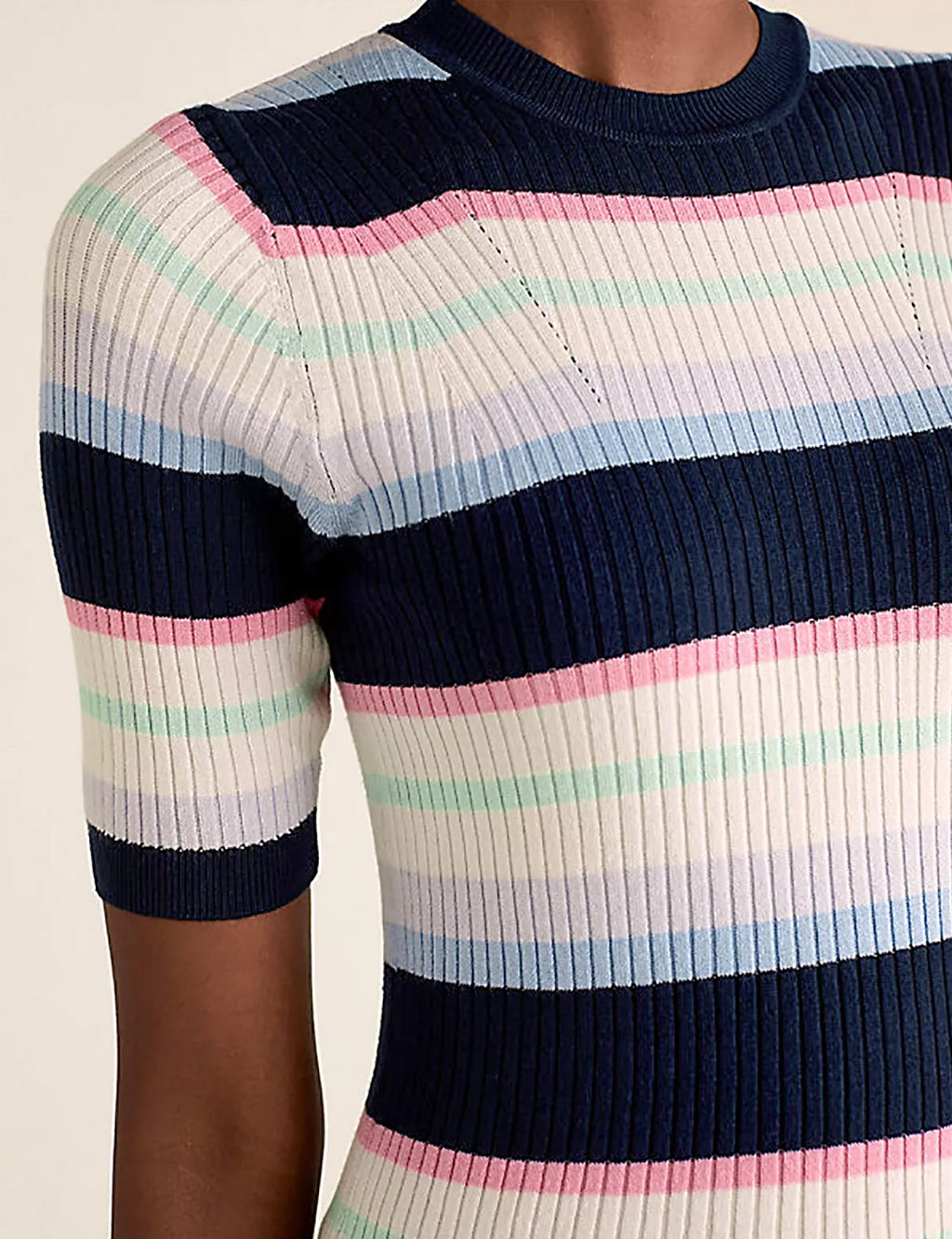 Ladies Short Sleeve Ribbed Crew Neck Knitted Stripe Sweater