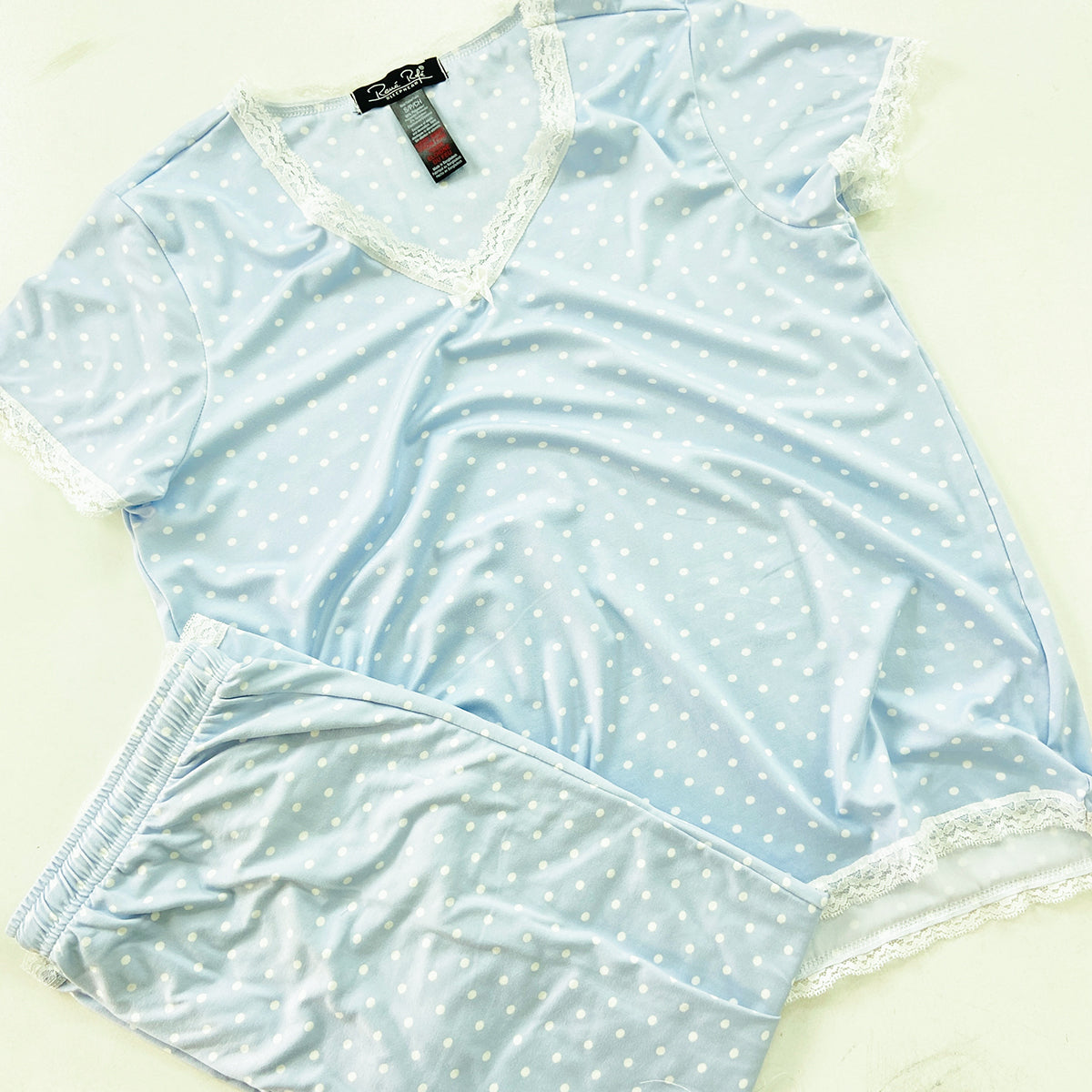Womens Polka Dot Soft Stretch Lace Trim Sleepwear 3/4 Pajama Set