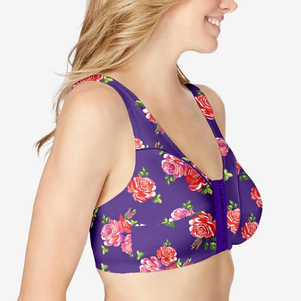 Womens Plus Size Printed Wireless Front Close Adjustable Straps Bra