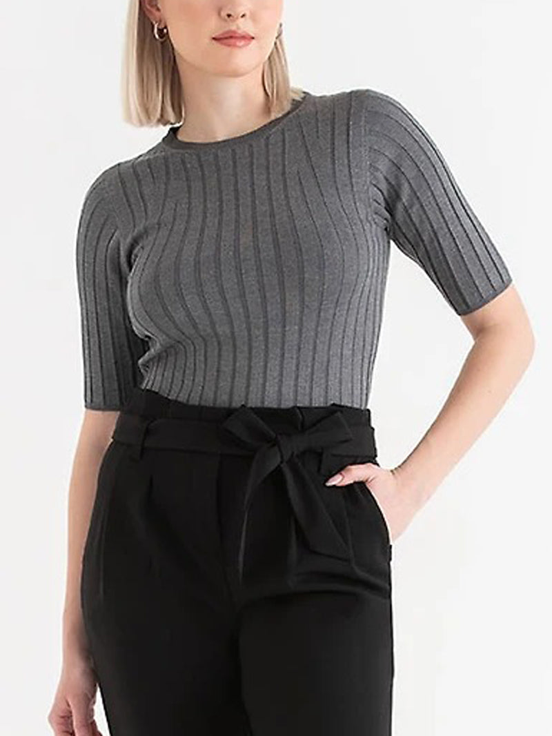 Womens Short Sleeve Ribbed Crew Neck Lightweight Sweater