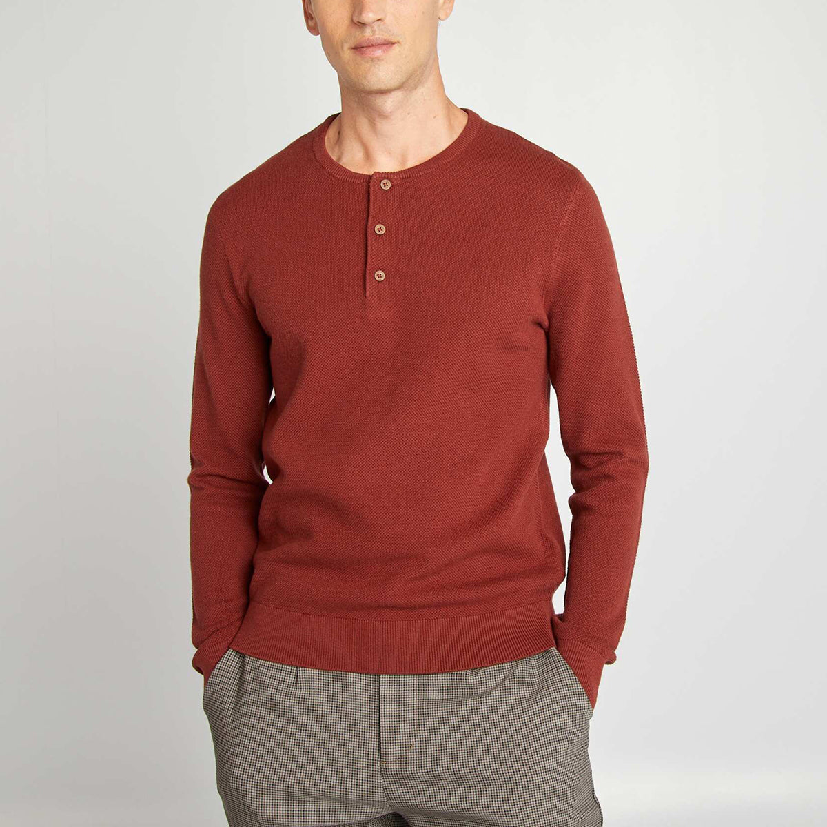 Men’s Premium Textured Knit Henley Round Neck Sweater
